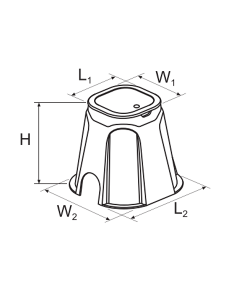 Esquema de medidas de la arqueta Poelsan 73006: H, L1, L2, W1 y W2