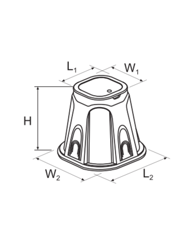 Esquema de medidas de la arqueta Poelsan 73010: H, L1, L2, W1 y W2