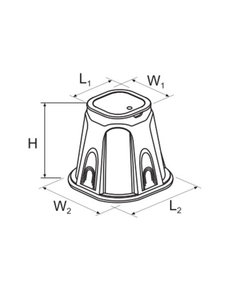 Esquema de medidas de la arqueta Poelsan 73010: H, L1, L2, W1 y W2