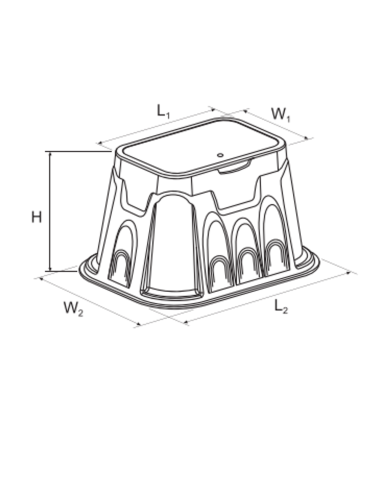 Esquema de medidas de la arqueta Poelsan 73012: H, L1, L2, W1 y W2