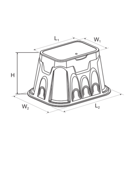 Esquema de medidas de la arqueta Poelsan 73012: H, L1, L2, W1 y W2