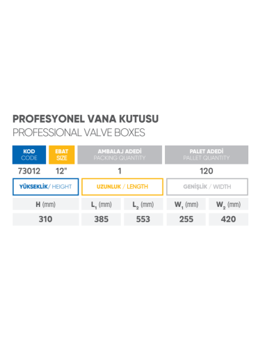 Tabla técnica Poelsan 73012: altura y medidas L1, L2, W1 y W2