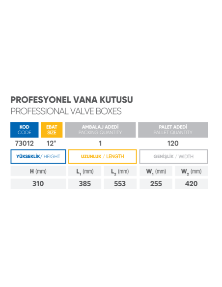 Tabla técnica Poelsan 73012: altura y medidas L1, L2, W1 y W2