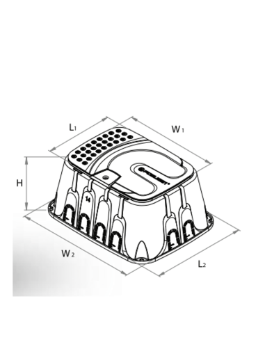 Esquema de medidas de la arqueta Poelsan 74014: H, L1, L2, W1 y W2