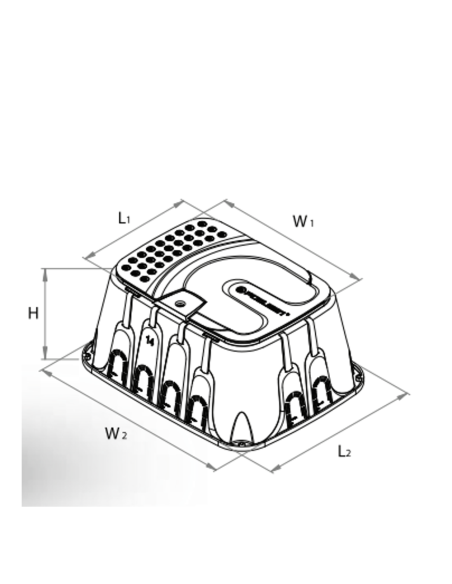 Esquema de medidas de la arqueta Poelsan 74014: H, L1, L2, W1 y W2